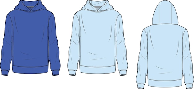 Mens Hoodie front and back part flat sketch technical drawing vector illustration template