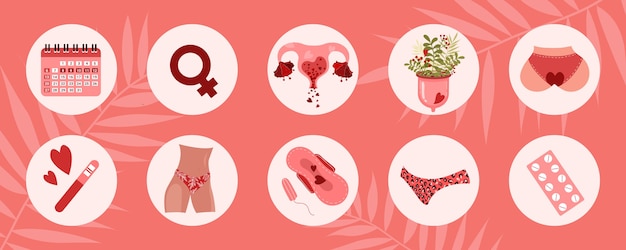 Menstrual period. Icons Menstrual Cup, Tampon, Panties, Pregnancy Test, Pills, Uterus