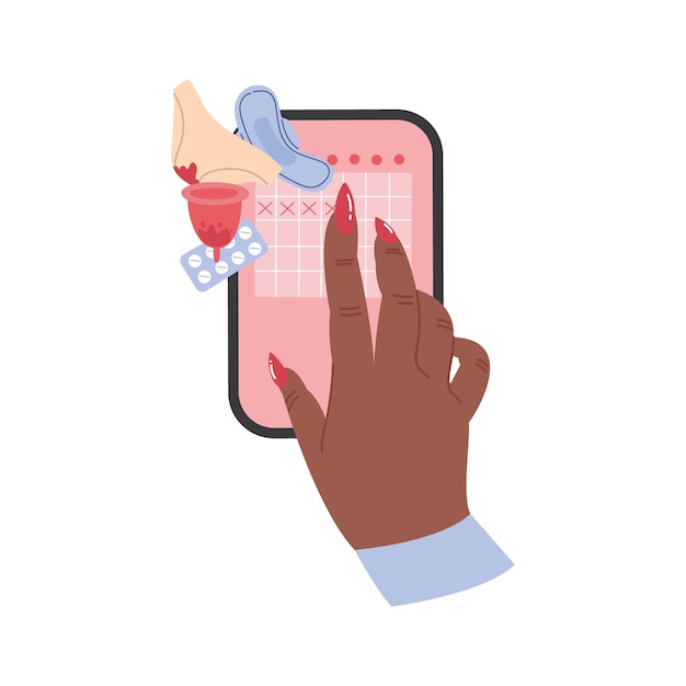 Menstruation calendar in the phone Filling in the days of the cycle The health of the female body during the period Ovulation check Cartoon illustration handdrawn on a white isolated background