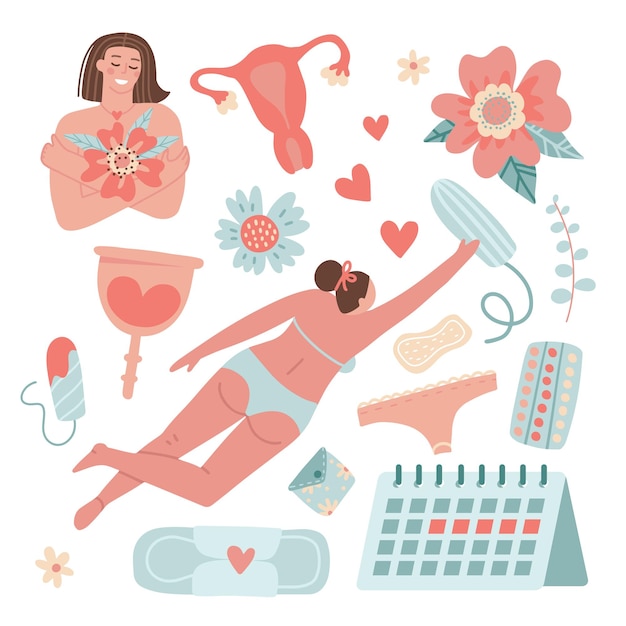 Menstruation clipart set hygiene of woman during the menstrual cycle young women in underwear flower