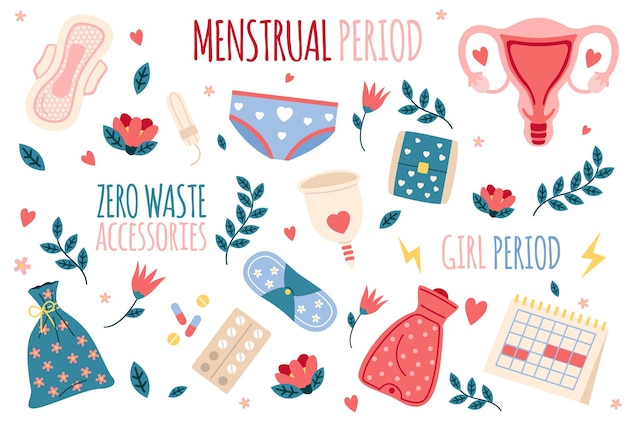 Vector menstruation hygiene feminine period cartoon elements zero waste ecological products isolated menstrual cup and pads tampons or calendar analgesic medicine vector female personal accessories set