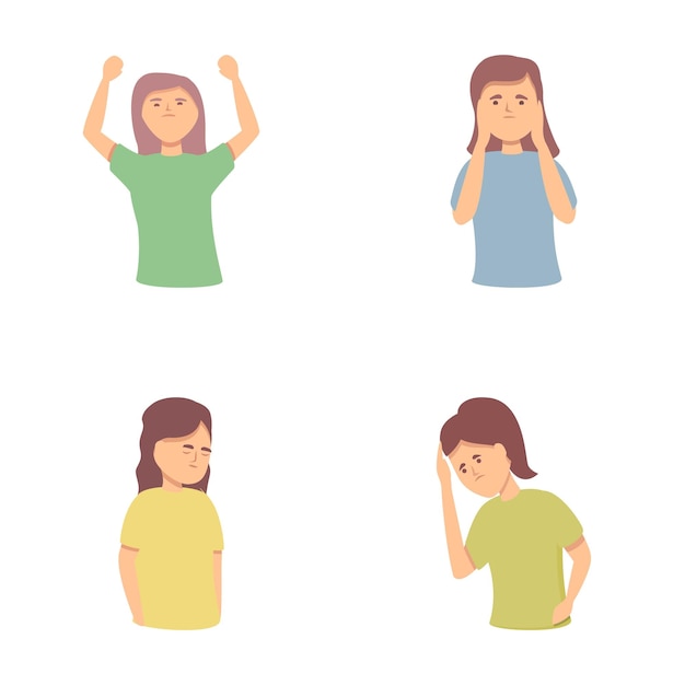 Mental disorder icons set cartoon vector Girl experiencing negative emotion