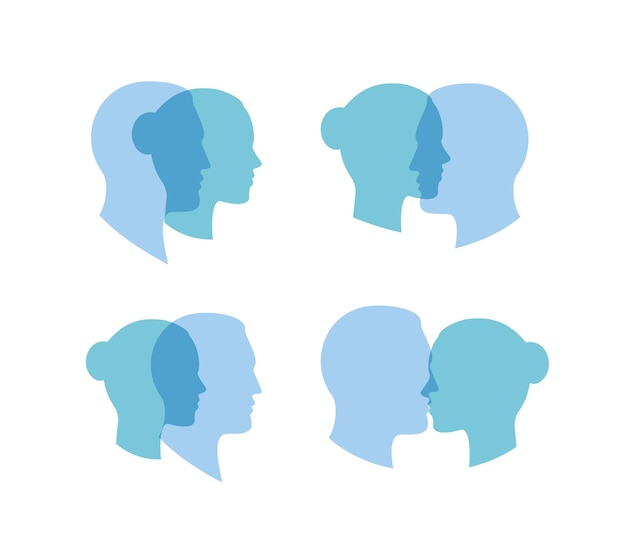 Mental and gender identification symbol bipolar mental issue relationship emotion balance blue color heads icon isolated vector illustration