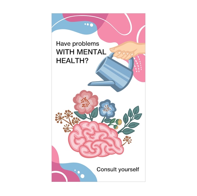 Vector mental health brain watered from a watering can banner vector illustration