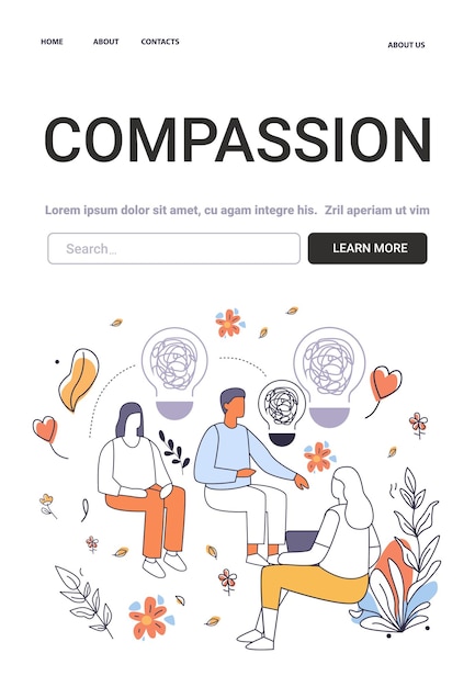 Mental Health Concept Compassion group therapy session people discussing mental wellness surrounded by flowers and hearts lightbulb icons website design