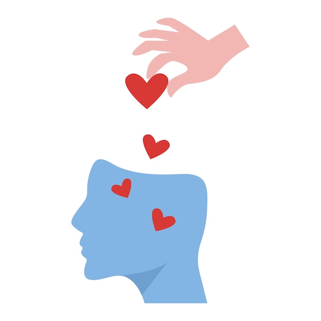 Mental health concept, head silhouette with hearts, psycho therapy, therapist, medicine vector