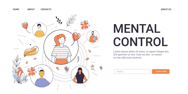 Vector mental health concept mental control illustrated with a central person surrounded by various individuals and abstract elements like hearts flowers leaves website design