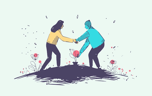 Vector mental health concept two people helping each other plant flower in garden representing support and growth pastel colors abstract background