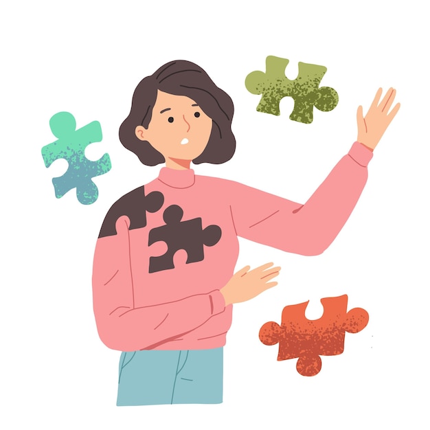 Mental health concept in young woman with separate puzzle metaphor