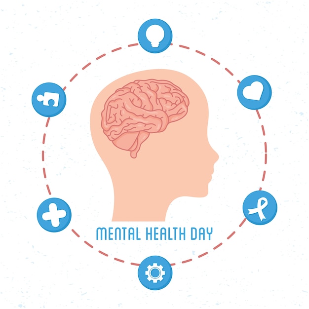 Mental Health Day card with brain in head profile human and set icons