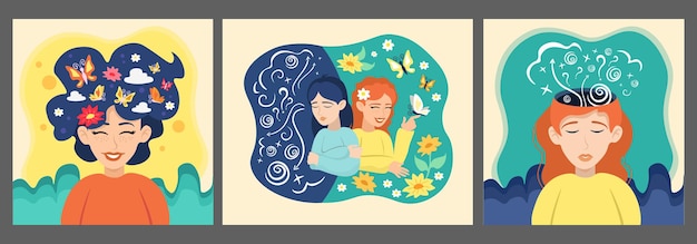 Mental health design concept set Joyful brunette with flowers butterflies clouds in head show happiness Redhead upset girl with mess of signs lines show sadness depression Vector illustration