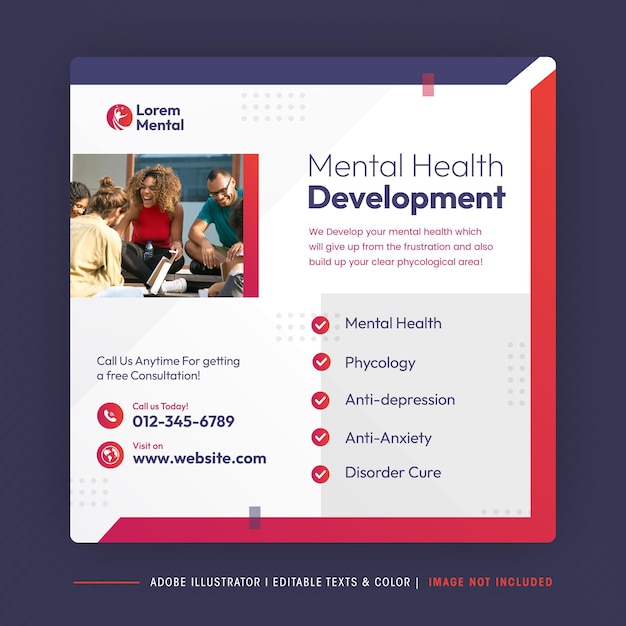 Mental Health Development Social Media Post or phycological health treatment banner template