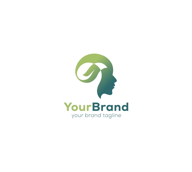 Vector mental health logo a human head with green leaf