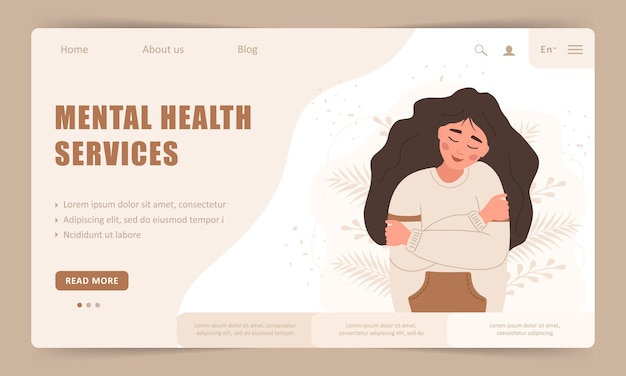 Mental health service Landing page template Happy woman hugging herself Smiling teenager enjoys her freedom Vector illustration in flat cartoon style