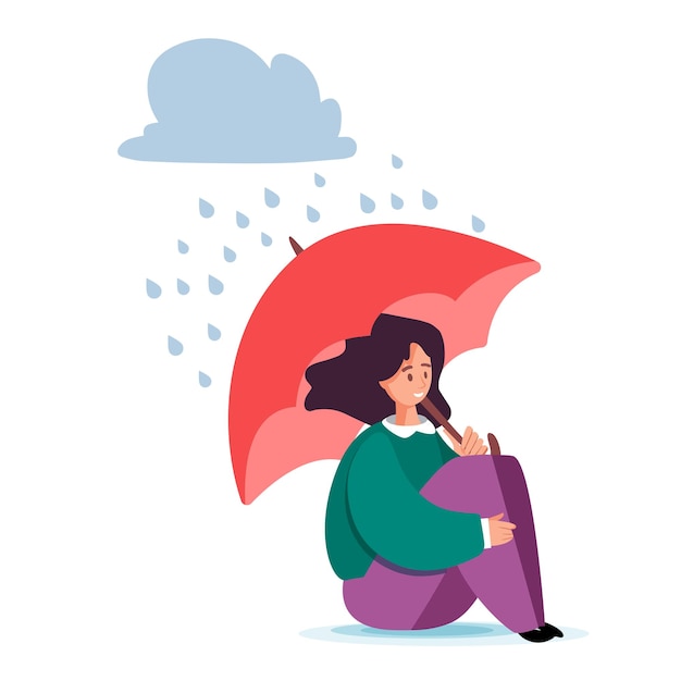 Mental health support Vector illustration Inner world self care Concept Happy woman with umbrella