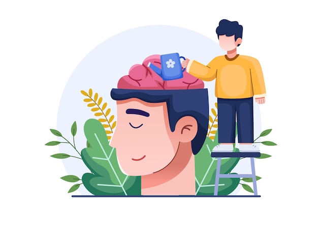 Mental health treatment illustration concept with a man watering brain of a people