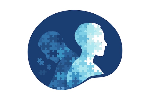 Mental illness and disorder concept. Head profile with of a healthy man and head profile with puzzle pieces falling apart. Vector illustration. Flat.