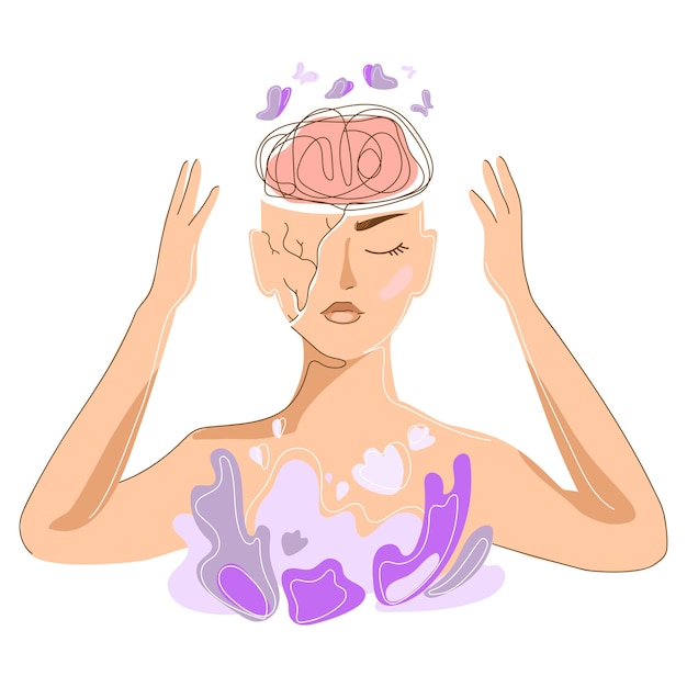 Mental psychology health concept.Woman with doodle shaped brain holding her head,vector