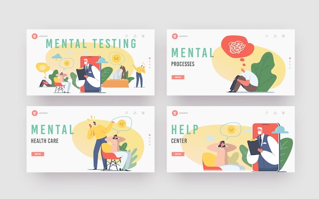 Mental Testing Landing Page Template Set. Psychotherapy Helpline Online Consultation. Depressed Female Character and Doctor Psychologist on Huge Mobile Phone Screen. Cartoon People Vector Illustration