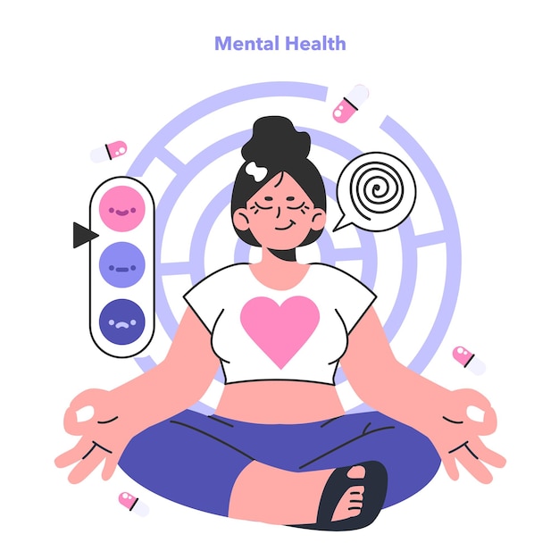 Mental wellbeing or health Calm emotions and happiness mindset Woman in yoga and meditation pose Psychological detox Selfcare schedule Flat vector illustration