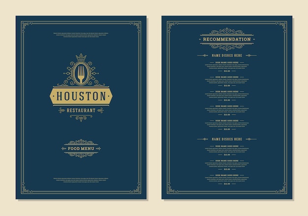 Menu design template with cover and restaurant vintage logo brochure