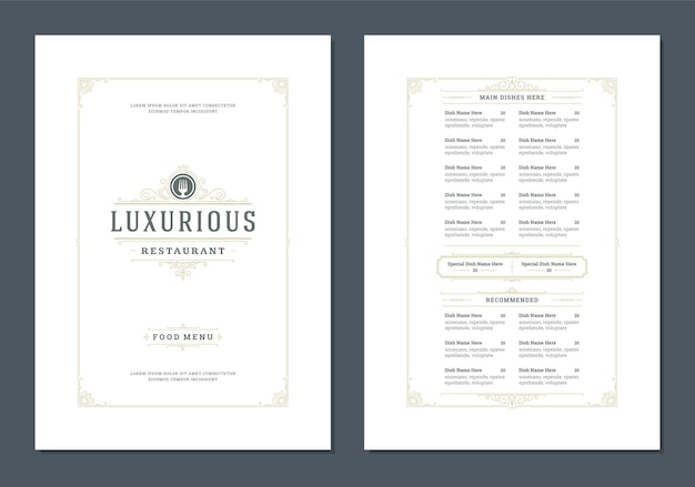 Menu design template with cover and restaurant vintage logo brochure