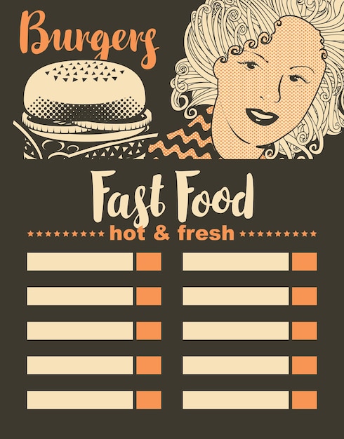 Menu for fast food restaurant