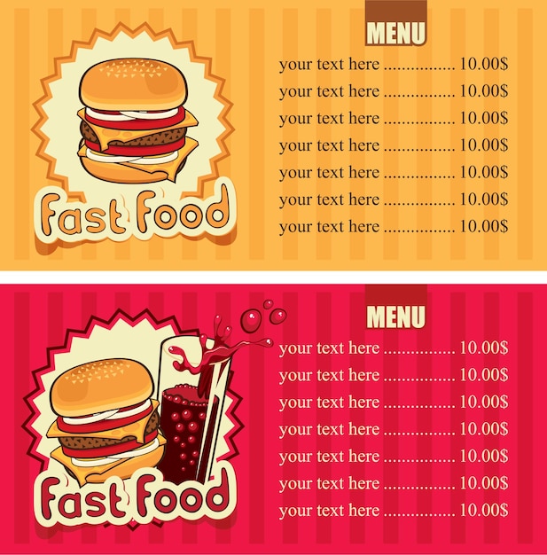 menu for fast food with price list and hamburger