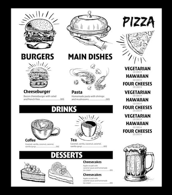 A menu for a pizza restaurant with different food items.