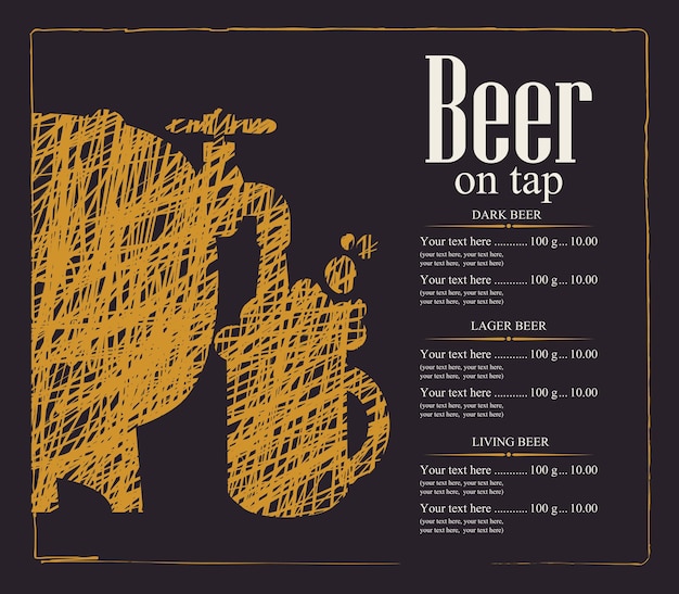 Menu for pub with beer keg and mug