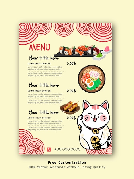 a menu for sushi restaurant with a cat and sushi menu