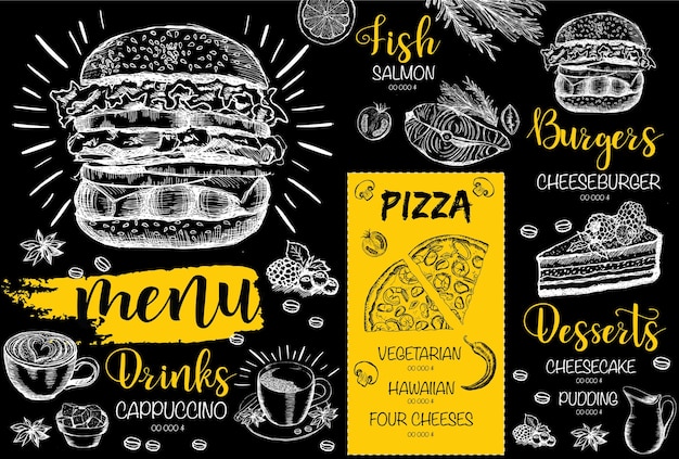 Menu template design for restaurant, sketch illustration. Vector.	
