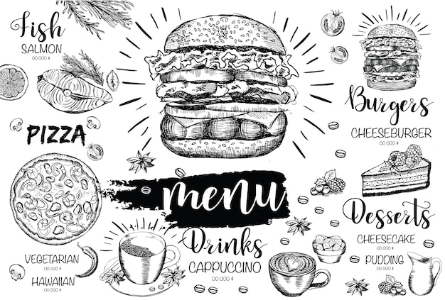 Menu template design for restaurant sketch illustration