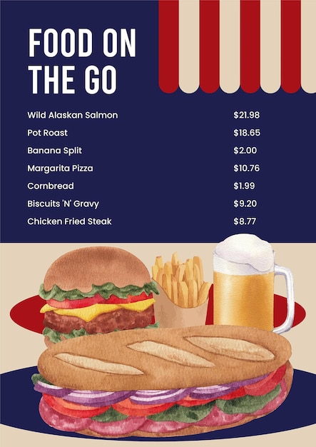 Vector menu template with american fastfood concept watercolor style