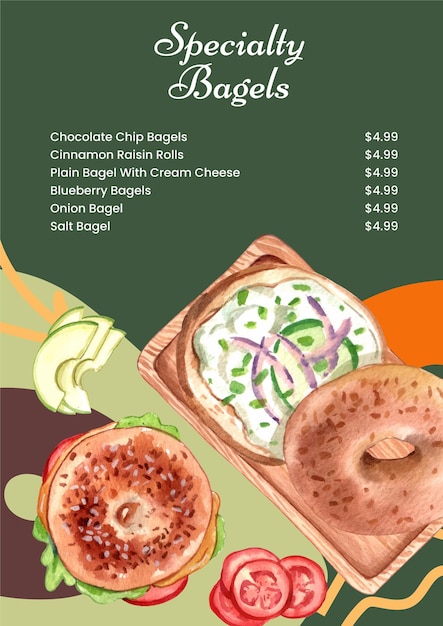 Menu template with bagel day conceptwatercolor style