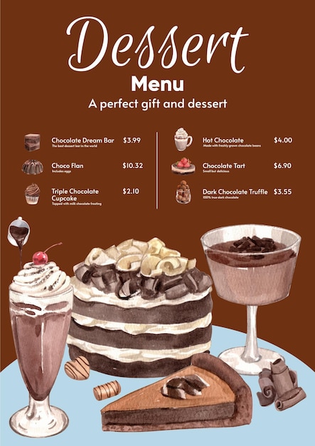 Menu template with chocolate dessert conceptwatercolor style