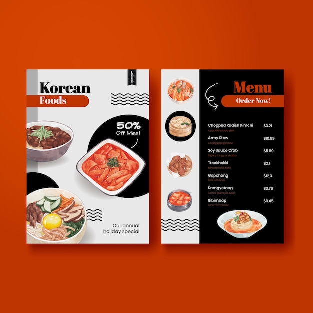 Menu template with Korean foods concept,watercolor style