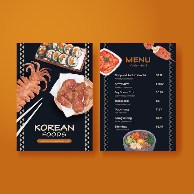 Menu template with Korean foods concept,watercolor style