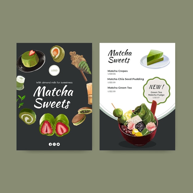 Menu template with matcha sweets concept,watercolor style