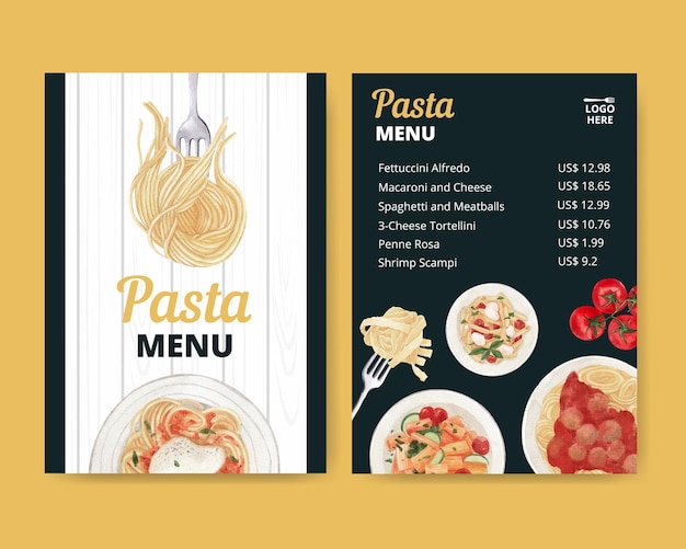 Menu template with pasta cancept,watercolor style