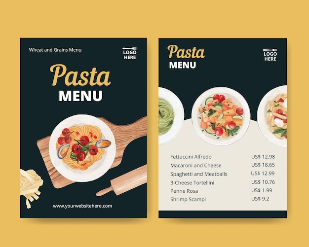 Menu template with pasta cancept,watercolor style