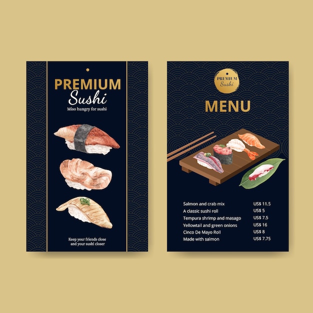 Menu template with premium sushi concept,waterolor style