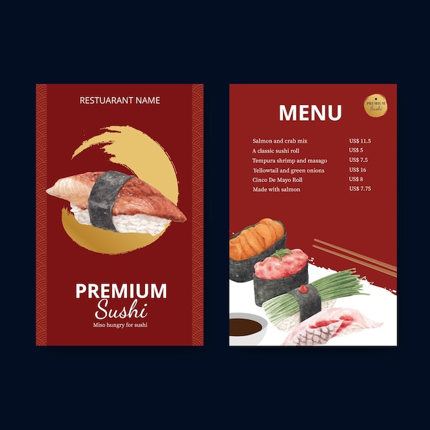 Menu template with premium sushi concept,waterolor style