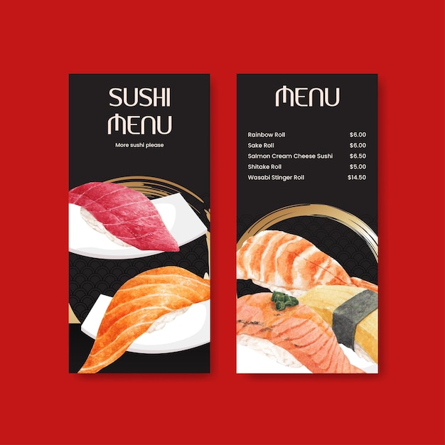 Menu template with premium sushi concept,waterolor style