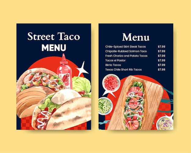 Menu template with taco day conceptwatercolor style