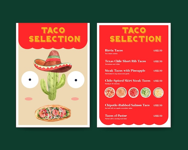 Menu template with taco day conceptwatercolor style