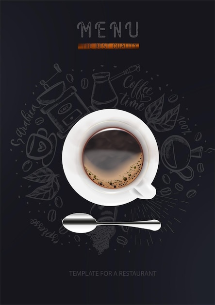 Menu A white coffee cup with a spoon on a black background with coffee silhouettes A fashionable modern poster for a restaurant Vector illustration of the top view