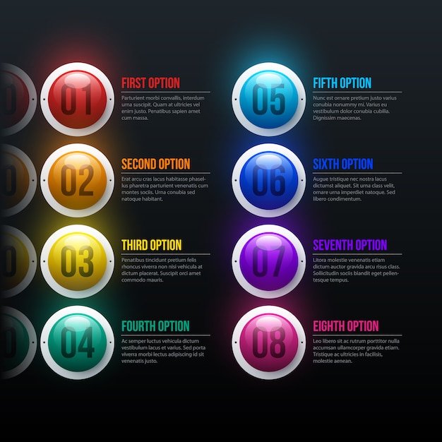 Menu with eight colorful spheres in elegant business style 