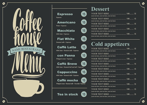 Menu with price for the coffee house