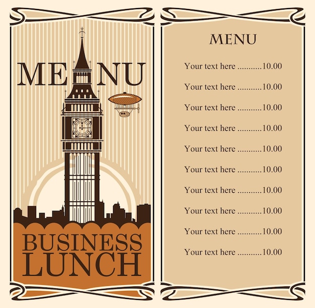 menu with price list for business lunch and big ben